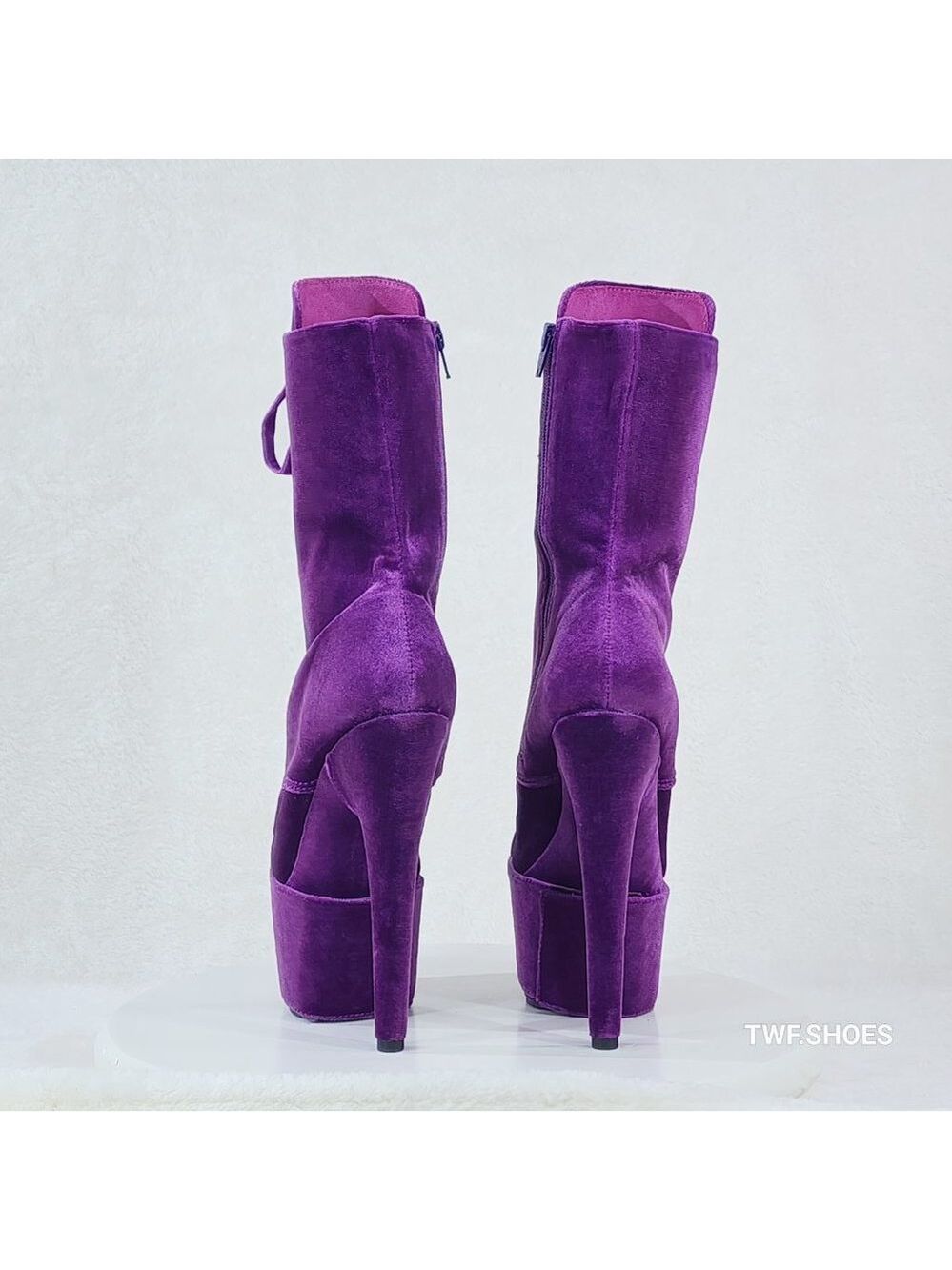1020 Purple Velvet 7" High Heel Platform Ankle Boots With Boot Protectors - Picture 4 of 8